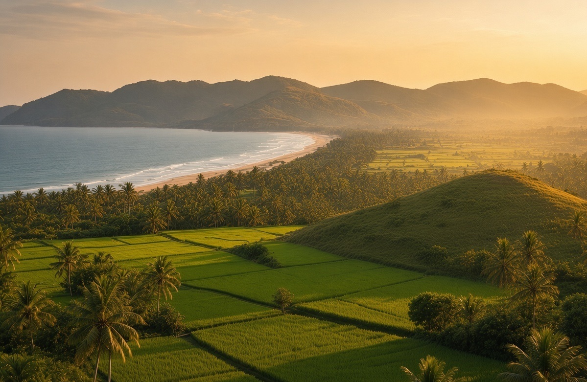 Paddy fields, coconut palms and the sea at sunset, with hills in the distance