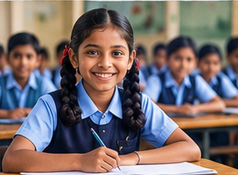 A smiling schoolgirl at her desk in a classroom