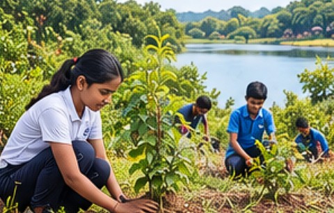 Young volunteers planting saplings beside a lake