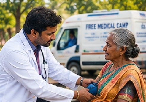 A doctor checking an elderly woman's blood pressure at a free medical camp