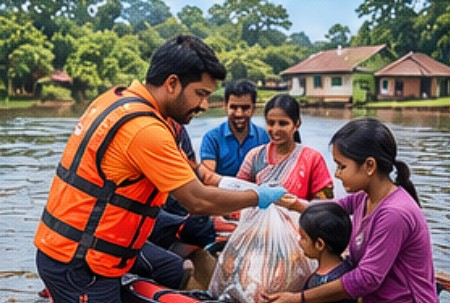 A relief volunteer in a life jacket handing supplies to a flooded family